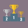 Gold, Silver and Bronze Trophy Cup on prize podium. First place award. Champions or winners Infographic elements. Vector illustrat Royalty Free Stock Photo